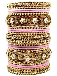 T4 Jewels Gold-Plated Flower Designer Beautiful Red/Pink/Yellow/Green/Blue/Black Metal Bangles Set (Bridal Chuda) for Women & Girls_Pink_2.6