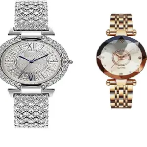 ULTRON New Crystal Pair of White-Silver & White Rose Gold Analog Watch for Women/Girl Series-2024 New