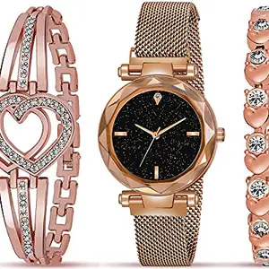 Acnos Premium Brand - A Watch Analogue Plain Black Dial Rose Gold Magnet Watch With Gift Bracelet For Women Or Girls And Watch For Girl Or Women (Combo Of 3, Metal)