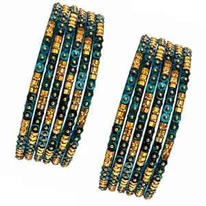 Glass Bangles Set for Women (12 Pieces) | Traditional Designer Chudi with Sequin & Gold Bead Work | Sizes 2.4/2.6/2.8 | Wedding, Bridal & Festive Jewellery
