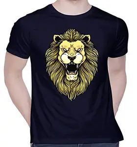 CreativiT Graphic Printed T-Shirt for Unisex Lion face Tshirt | Casual Half Sleeve Round Neck T-Shirt | 100% Cotton | D00153-315_Navy Blue_X-Large
