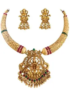 THE OPAL FACTORY Antique Gold-Plated Traditional South Indian Lakshmi Hasli Temple Jewelry Bridal Jewellery Necklace with Earrings for Women.