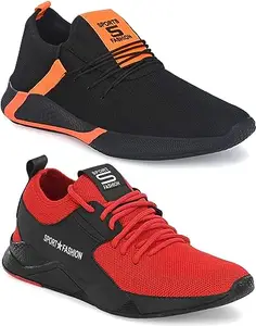 WORLD WEAR FOOTWEAR Soft, Comfortable and Breathable Canvas Lace-Ups Sports Running Shoes for Men (Black and Red, 9) (S6296)