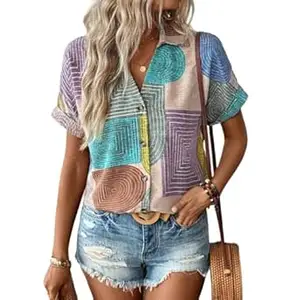 Gufrina Women's Colorful Abstract Geometric Print Shirt, Half Sleeve, Collar Neck, Casual Button-Up Top, Rayon Fabric