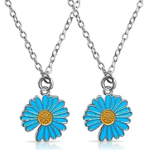 De-Autocare (Pack Of 2 Blue Plated Valentine's Day I Love You Romantic Beautiful Flower Yellow Daisy Charm Resin Botanical Alloy Locket Pendant Necklace With Clavicle Chain For Girl's And Women's