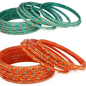 Somil Combo Of Party & Wedding Colorful Glass Bangle/Kada, Pack Of 24, Radium & Orange