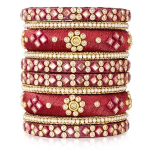 Peora Gold Plated Ethnic Kundan Studded Maroon Chuda Bangle Set for Women & Girls (2.6 inch)