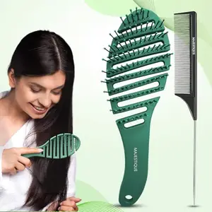 Majestique Flexi Vent Hair Brush with Tail Comb | Lightweight, Ultra-Flexible Blow Drying & Detangling Brush for Wet & Dry Hair | Scalp Massage Brush for Men, Women & Kids – 2Pcs, Multicolor