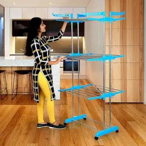 SUNDRY Heavy Duty Rust-Free Stainless Steel 3-Tier Jumbo Cloth Drying Stand | Clothes Dryer Stands | Laundry Racks with Wheels for Indoor | Outdoor | Balcony(Blue)