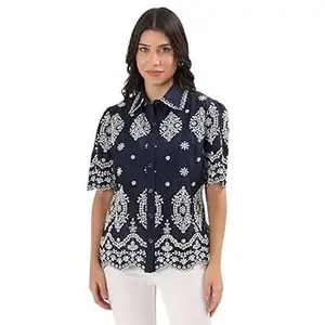 Schifley Women’s Navy Blue Embroidered Cutwork Shirt Top | 100% Cotton | Half Sleeve Button-Down | Regular Fit | Comfortable