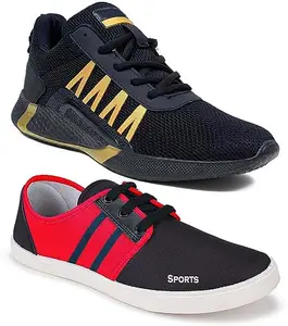 WORLD WEAR FOOTWEAR Soft, Comfortable and Breathable Canvas Lace-Ups Sports Running Shoes for Men (Black and Red, 8) (S3433)