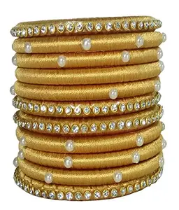 Bluejays hub Silk Thread Bangles Gold and Light Gold Set of 12 (2.6) for Women/Girls