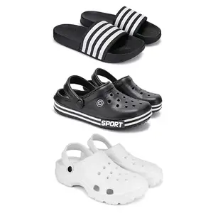 DRACKFOOT Lightweight Classic Slider || Sandals with Clogs for Men-Combo(3)-3024-3014-3122-10 White