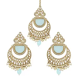 I Jewels Gold Plated Traditional Pearl Hanging Kundan Stone Chandbali Earring With Maang Tikka For Women/Girls(TE3029) (Turquoise)