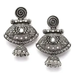 Karatcart Oxidised Silver Pearl and Kundan Studded Drop Jhumki Earrings for Women