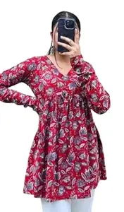 Women's Viscose Rayon Regular Fit Top | Stylish Ethnic & Western Tops for Women | V-Neck Full Sleeves Red Top for Girls | Lightweight & Comfortable Casual Wear Floral Print Tops