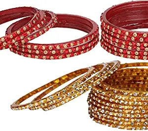 Colorful Glass Bangle/Kada Set Combo Ornamented With Colourful Chips & Beads_G289 (AkBang2-ACT1.a_bang)