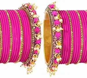 ZULKA Non-Precious Metal, Base Metal and Studded with Zircon Gemstone and Pearl linked Latkan Pattern Chuda set for Women and Girls, (Magenta_2.2 Inches), Pack Of 42 Bangle Set