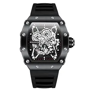 Giordano Analog Watch for Men - Skeleton-Style Dial | Brushed Steel Case with Silicone Strap