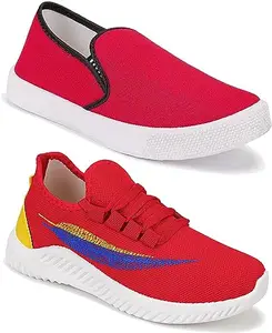 WORLD WEAR FOOTWEAR Soft, Comfortable and Breathable Canvas Sports Running Shoes for Men (Red, 7) (S5827)