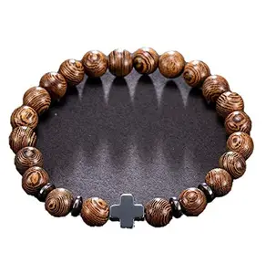 OOMPH Jewellery Brown Wooden Beads with Titanium Jesus Cross Adjustable Bracelet for Men & Boys