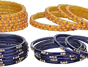 Somil Combo Of Party & Wedding Colorful Glass Bangle/Kada, Pack Of 24, Blue, Yellow