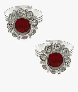 Elegant Silver Tone Ring with Red Crystal Center and Clear Crystal Accents, Floral Design