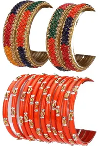 Somil Combo Of Party & Wedding Colorful Glass Bangle/Kada, Pack Of 16, Multi,Orange