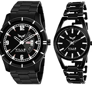 VILLS LAURRENS VL-1115+7180 Classy Combo of Two Black Couple Watches for Men and Women