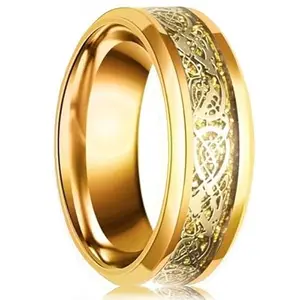 Lila Jewellery Tungsten Rings for Women Men Wedding Bands Celtic Dragon Carbon Fiber Inlay Beveled Edges Polished Comfort Fit - Thumb Ring Valentine gift Stainless Steel Titanium Plated Ring (BZR_HC332-BlackGoldDragonRing(Size-17))