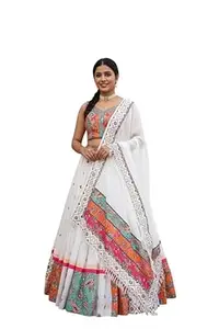 Women Cotton Silk Printed With Real Mirror Work Lehenga Choli For Women with Dupatta Set Semi-stitched Lehenga || Free Size Available