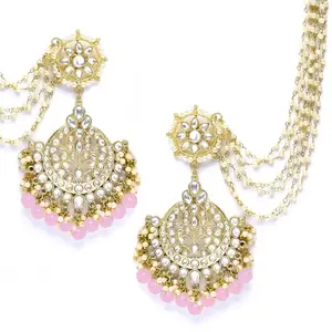 Karatcart Gold Plated Pink Beads Kundan Kaanchain Earrings for Women