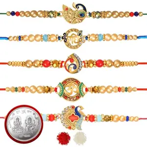 De Marquis Religious Pearl Kundan Rakhi Set, Chawal Roli Pack, Greeting Card Set (5 Rakhi Set + 1 Coin)