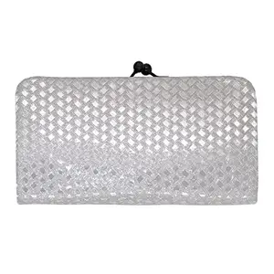 Attractive Leather Clutch with 3D Bricks Checks Design Shining Glittering Handbags, Women Hand Wallet (Silver)