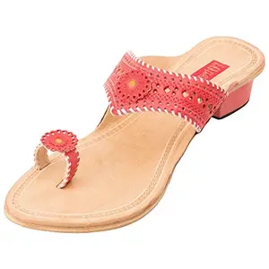 Footrendz Women's Designer Pink Leather Kolhapuris Heels (37 EU)