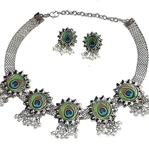 AyanAarsh Afghani Oxidised German Silver Jewellery Antique Peacock Choker Necklace Set for Women & Girls
