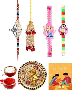 Shivshakti Exports Bhaiya Bhabhi and Two Kids Rakhi and Pooja Thali Gift Set for Tilak-BB2KTS101