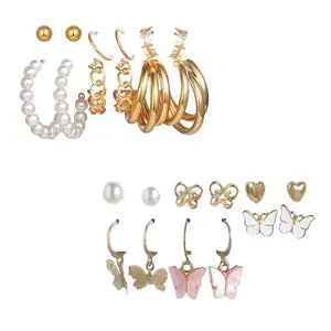 Vembley Combo of 12 Pair Pearl Heart Studs And Hoop Earrings For Women And Girls