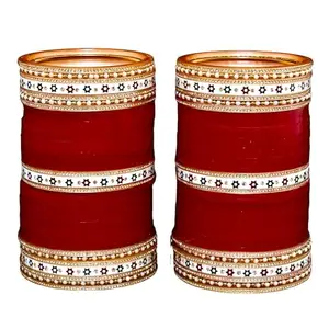 Lucky Jewellery Bridal Bangle Set Dhanteras/Diwali/Bhai Dooj Collection Wedding Punjabi Chuda Designer Chura CZ Stone with Traditional Polka Dot Maroon Color Choora For Women (1228-M1C1-LJ140-M-28)