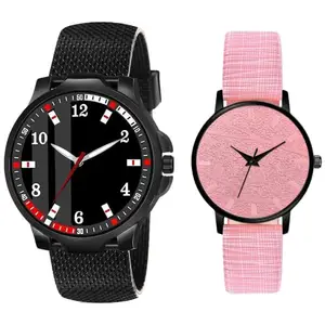ON TIME OCTUS Couple Analog Watch for Men and Women (Black and Pink Color) (Pack of Two) (4057+MT 328)