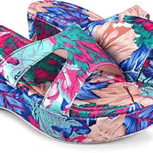 JM LOOKS Women's Wedges Sandal Slip On Flower Print Design Open Round Toe Comfortable Stylish Platform Sandal for Casual Beach & Brunch - Blue