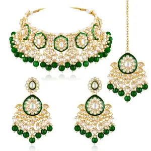 Peora Gold Plated Green Kundan & Beads Studded Necklace Dangle Earrings & Maangtikka Jewellery Set for Women