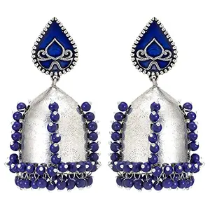 Peora Oxidised Silver Plated Beaded Blue Meenakari Jhumki Earrings for Women