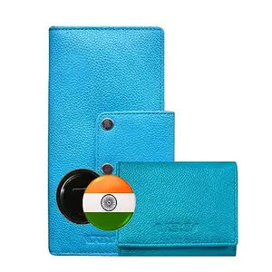 ABYS Genuine Leather Sky Blue Long Women Wallet||Unisex Card Holder with Badge Combo Offer