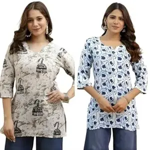 MS VHCK ENTERPRISE Women's Cotton Printed Short Kurti, Round Neck, Three Quarter Sleeve, Straight Fit, Pack of 2