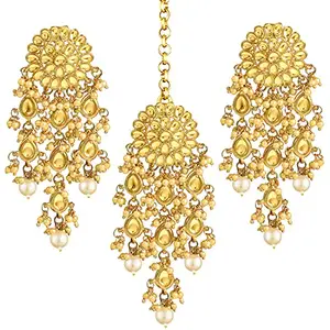 Peora Women Gold Plated Kundan Studded Beaded Chandelier Classic Drop Earrings Maang Tikka Jewellery Set (Gold)