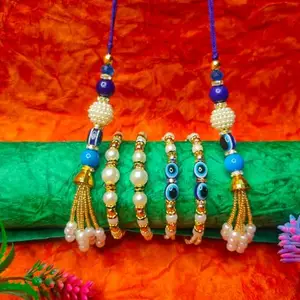 Handcrafted Pearl and Blue Bead Rakhi Set, Traditional Lumba Rakhi with Golden Tassels, Designer Bracelet Style