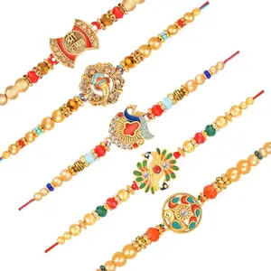 De Marquis 5 Designer Rakhi Sets | RG-02846 Pearl, Kundan, Mauli Thread Rakhee for Brother (Pack of 5 Rakhis)