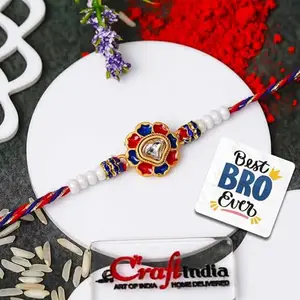 eCraftIndia Flower Kundan Pearl Designer Rakhi for Brother With Gift Combo Set | Raksha Bandhan Rakhi for Bhai Bhaiya | Best Bro Ever Fridge Magnet | Roli Chawal Pack