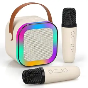 Vebach Karaoke Machine for Kids Adults,Mini Portable Blue-Tooth Karaoke Speaker with 2 Wireless Microphones and Dynamic Lights,Birthday Gift,Home KTV,Outdoor,Travel(Beige)